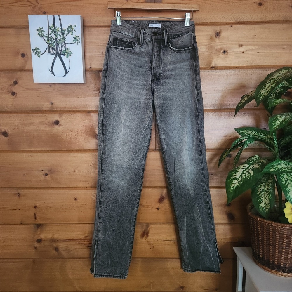 Good American Good Boy Straight High Rise Jean Stretch Split Hem GBTT602BT Sz 0